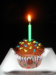 lit candle sticking out of cupcake