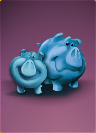 two blue cartoon pigs smiling at camera