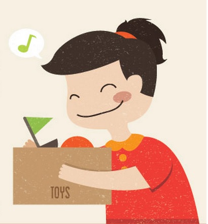 illustration of child happily putting toys into box
